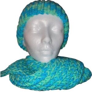 Handmade blue and green knit beanie and scarf set